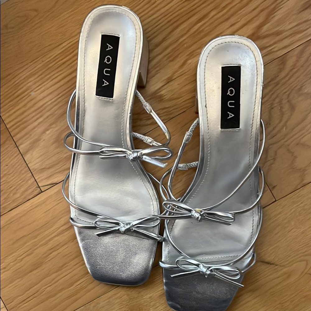 Aqua Silver Strappy Heels with Modern Square Toe